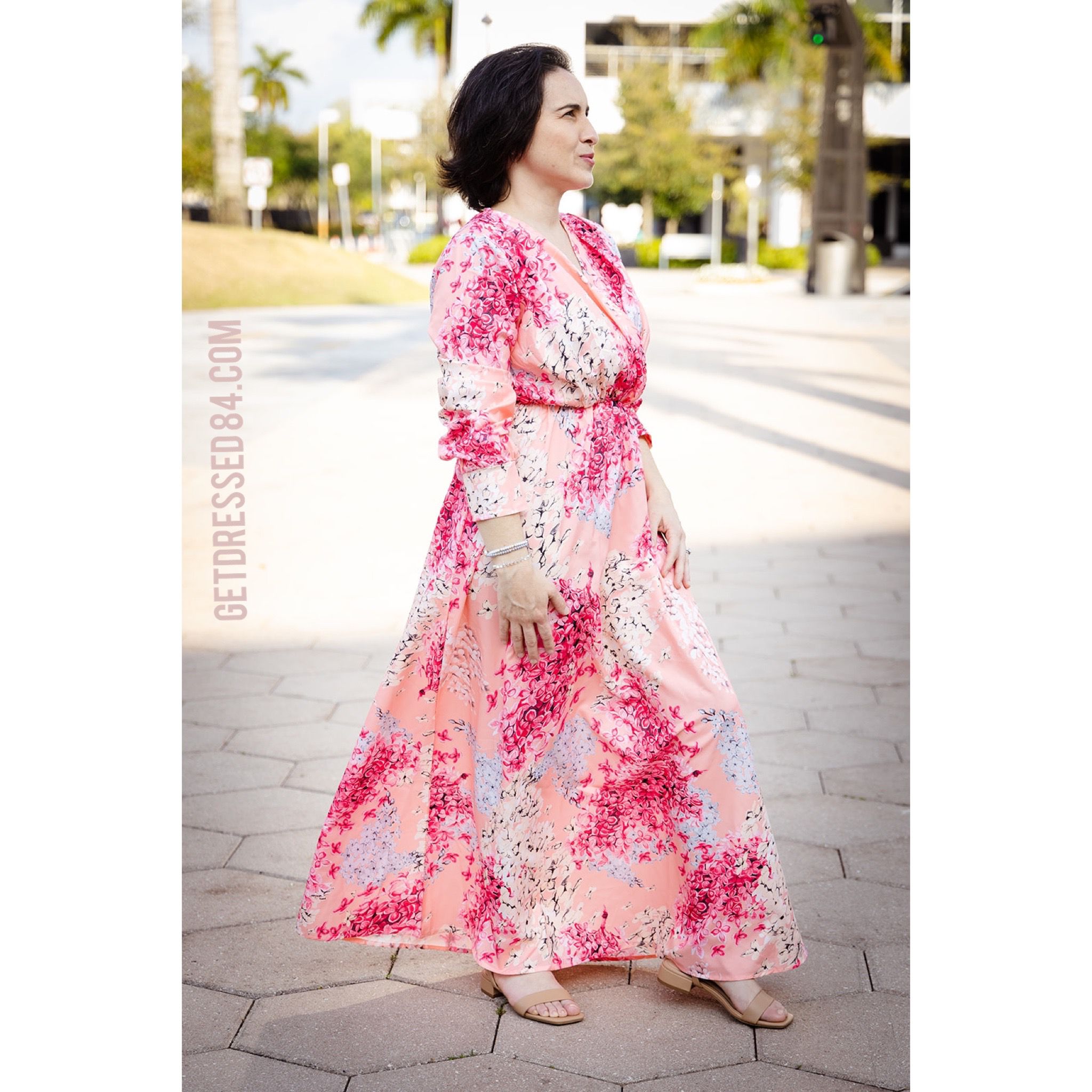 Women Boho Floral Printed V Neck Maxi Dress